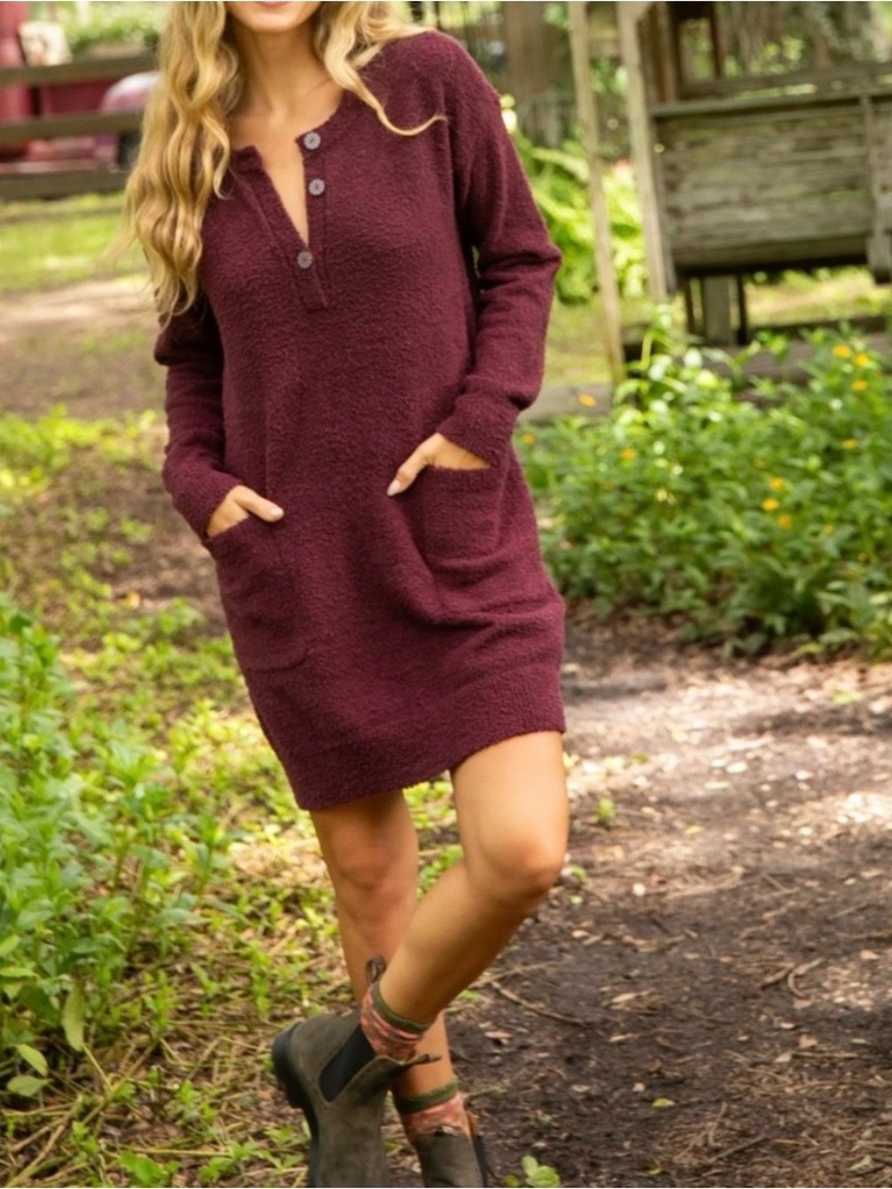 Natural Life NWT Cozy Up Henley Sweater Dress Maroon Popcorn Knit Sz XS